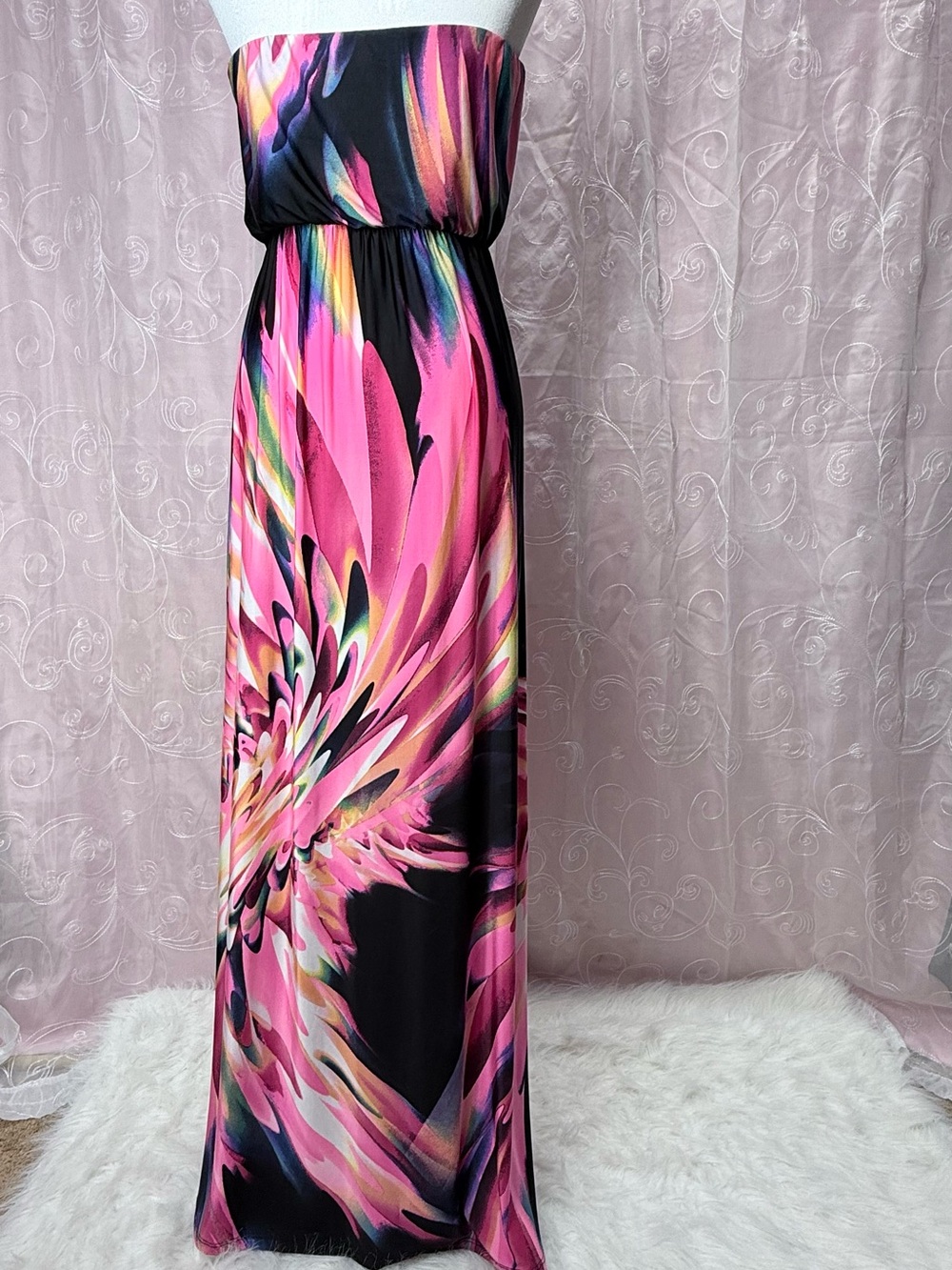Vanilla Bay Strapless Pink & Black Floral-Print Maxi Dress